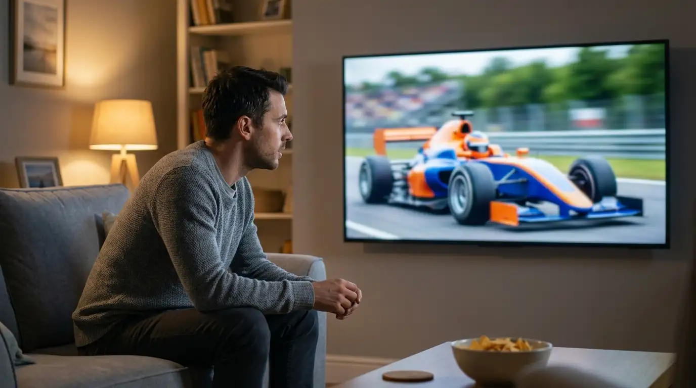 Tifoso che segue un Gran Premio in diretta televisiva da casa