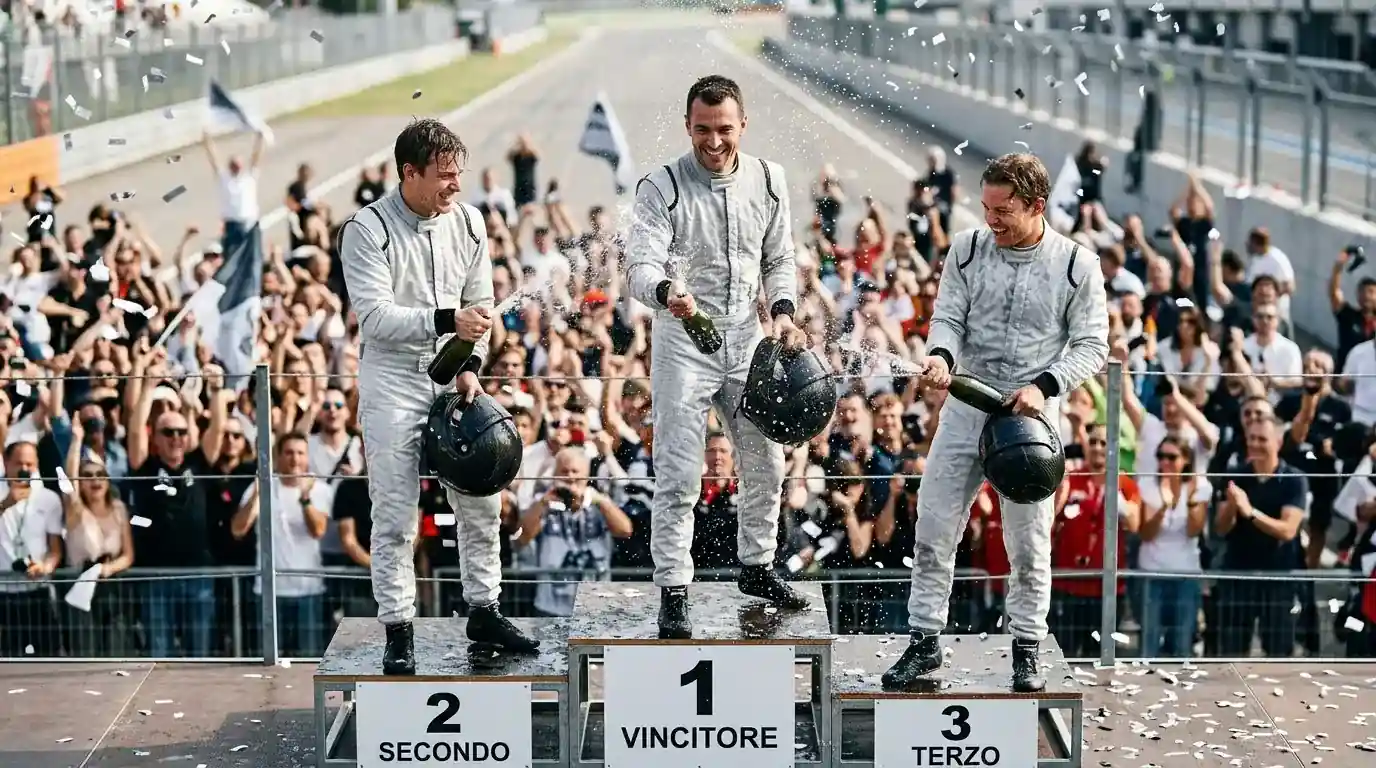 Podio di un Gran Premio di Formula 1 con tre piloti che festeggiano