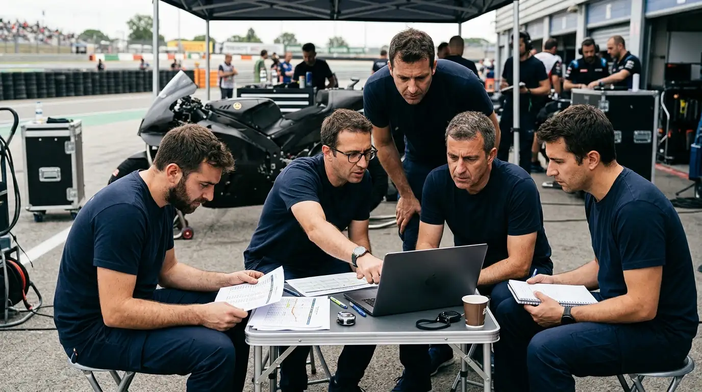 Paddock MotoGP con team manager e ingegneri in riunione tecnica
