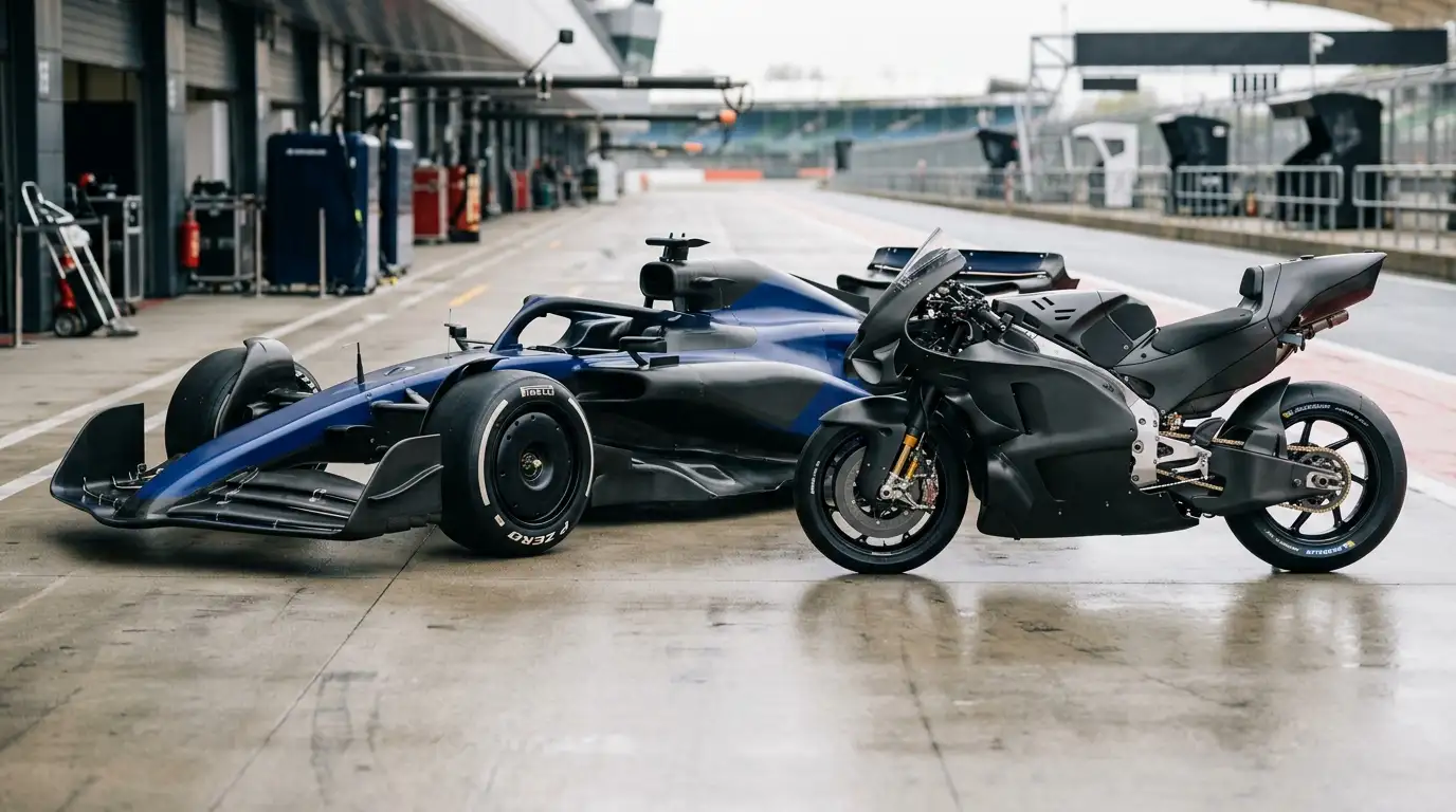 Auto di Formula 1 e moto MotoGP affiancate in pit lane